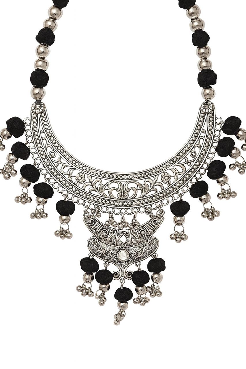 Handcrafted Oxidized Silver Statement Necklace with Black Beads