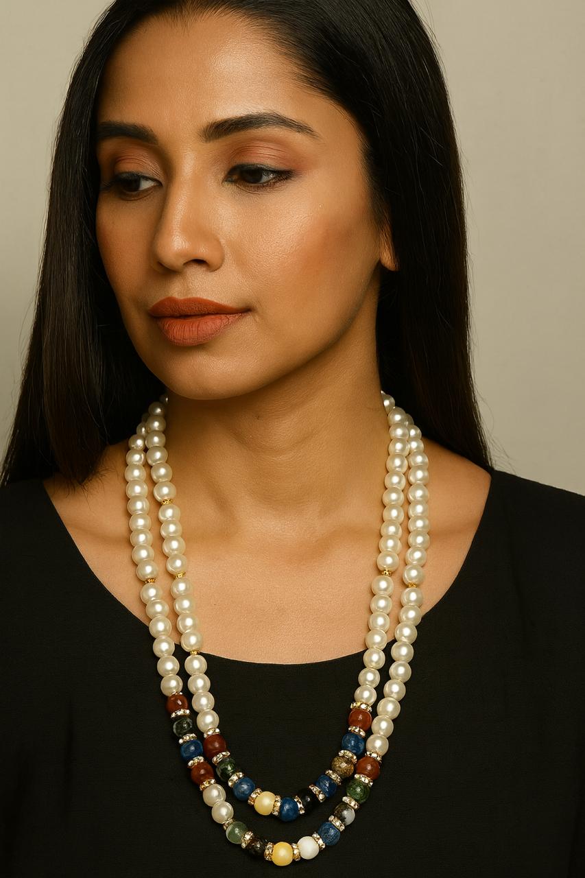 Elegant Dual-Layer Pearl & Gemstone Necklace