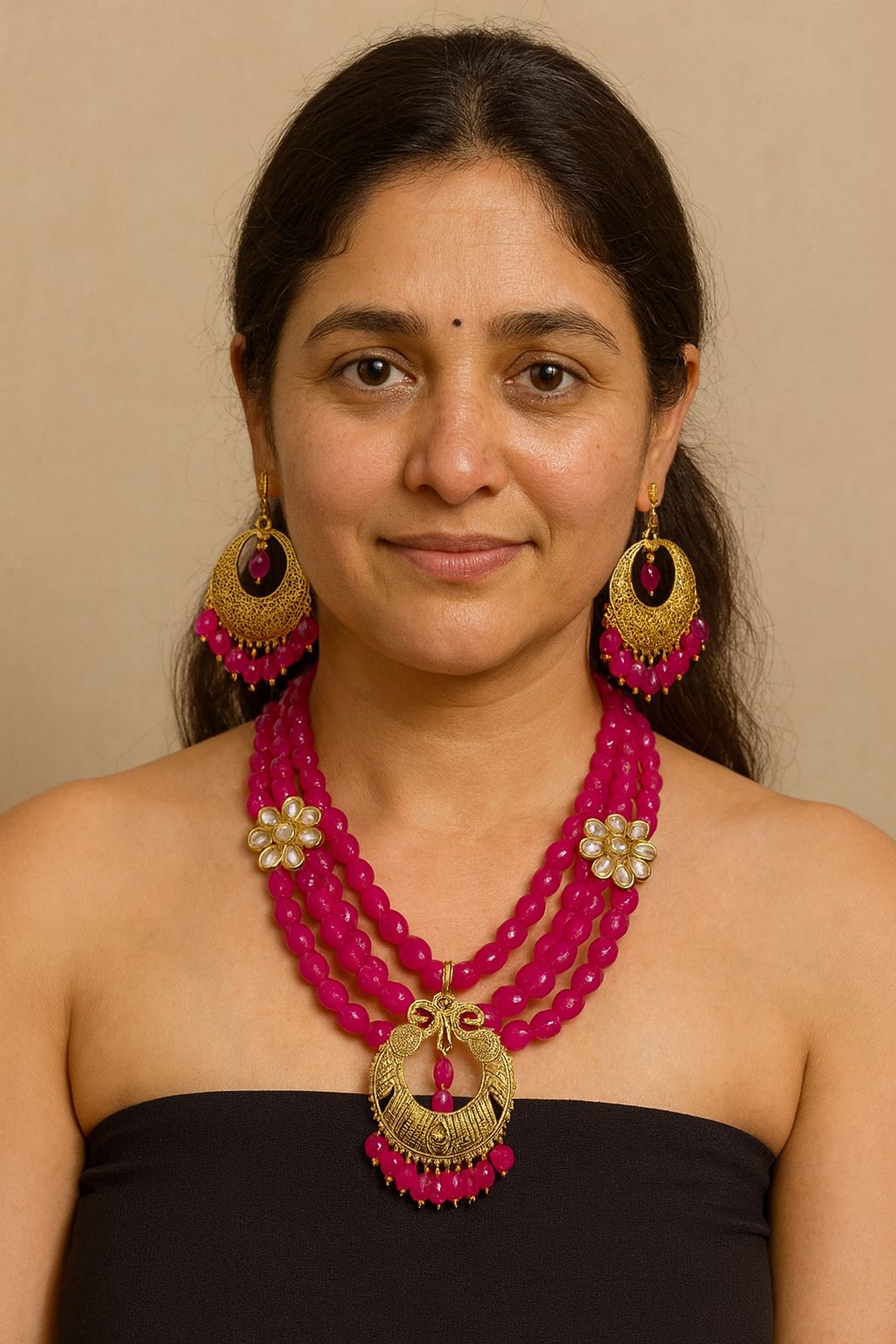Fuchsia Beaded Layered Necklace Set with Gold Pendant & Earrings