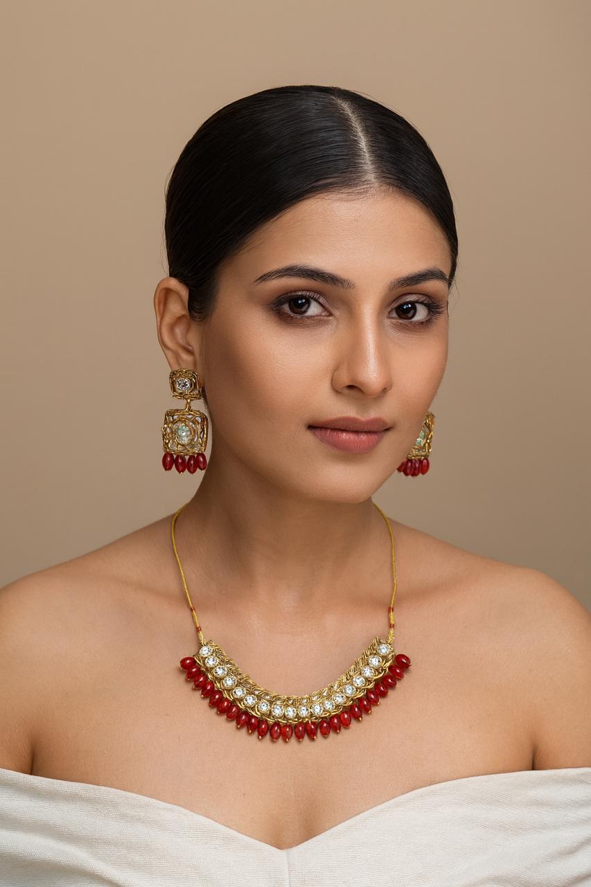 Red & Gold Kundan Necklace Set with Statement Earrings