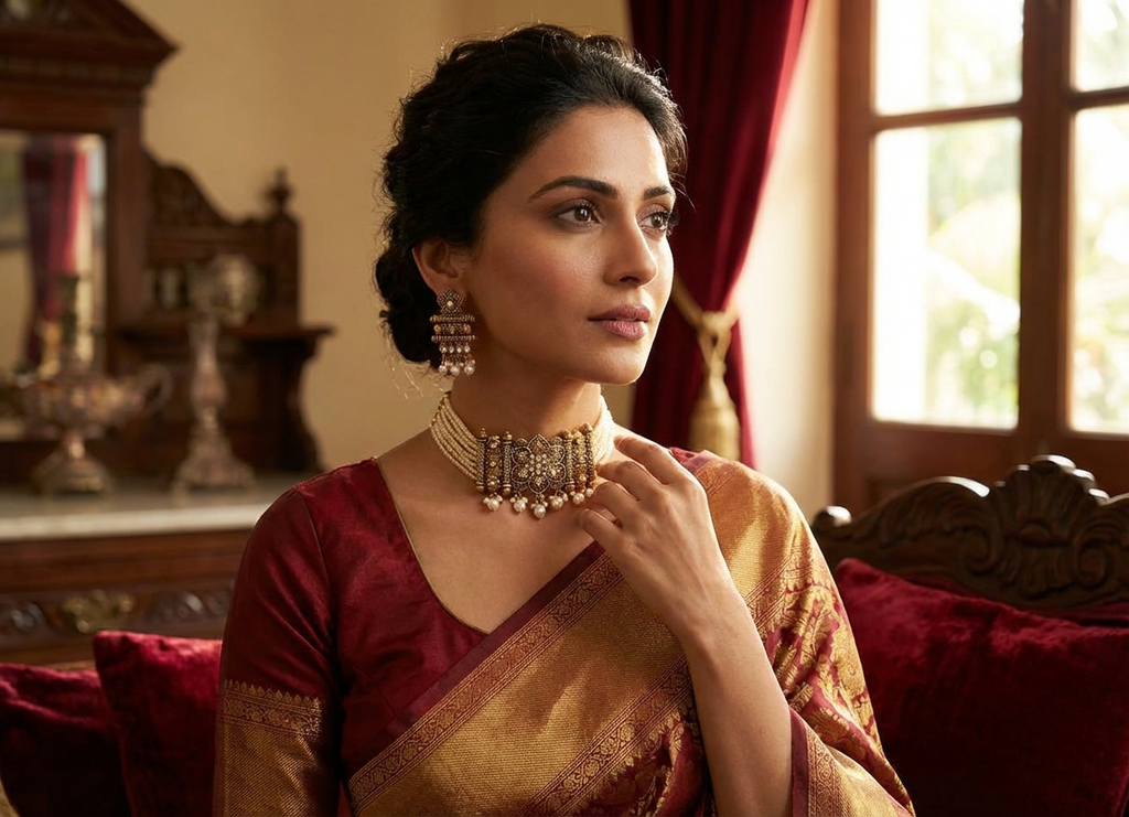 Antique Gold & Pearl Choker Set with Jhumka Earrings