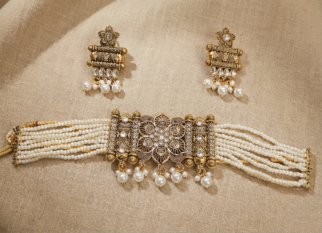 Antique Gold & Pearl Choker Set with Jhumka Earrings