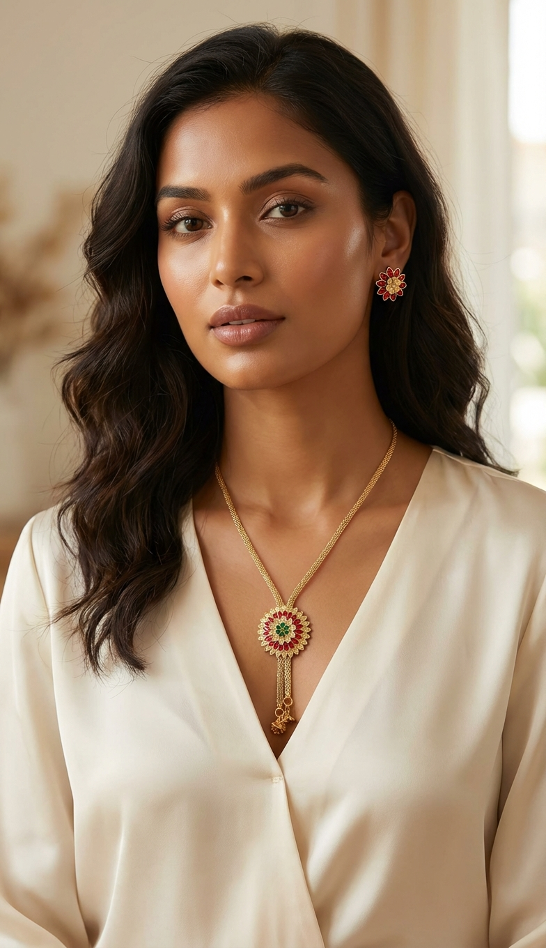 Model wearing gold-toned floral pendant chain