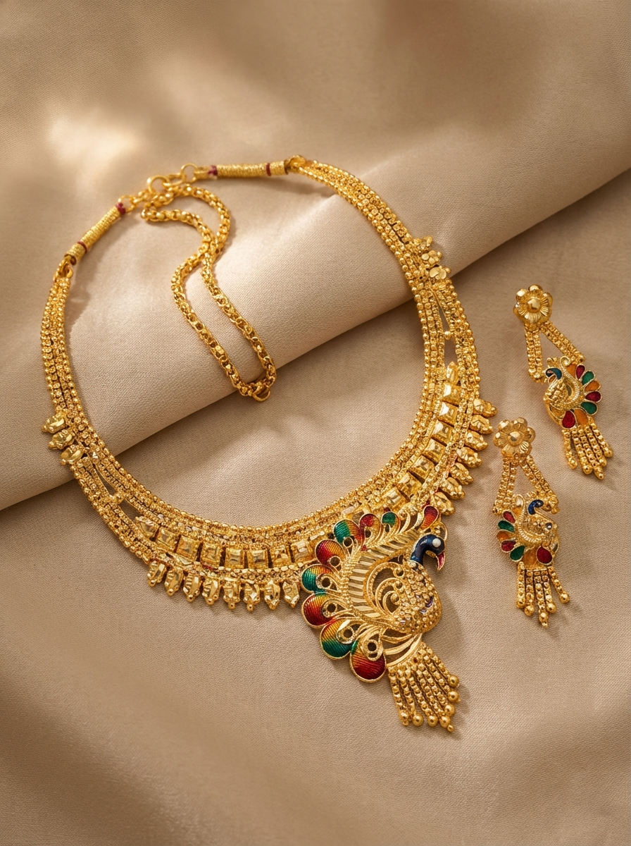 Peacock Motif Necklace Set with Earrings