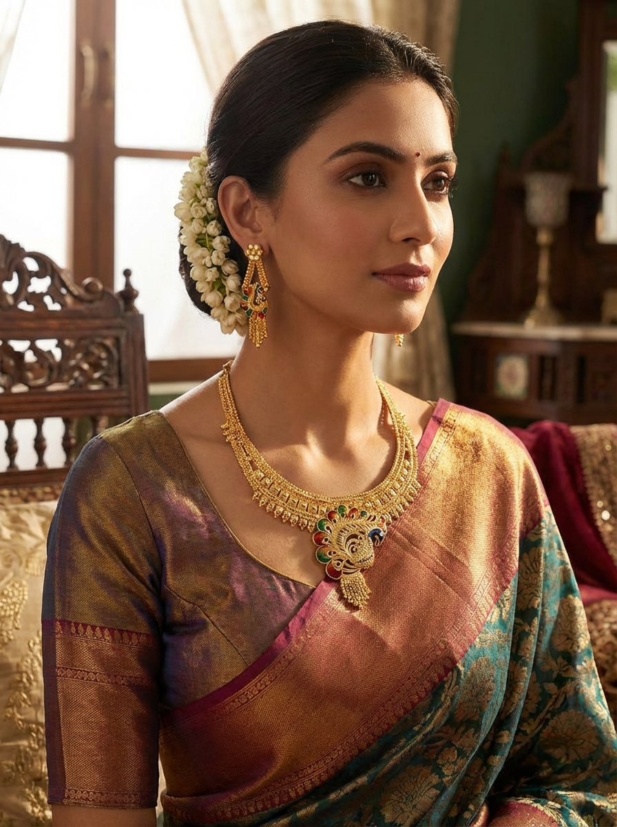 Peacock Motif Necklace Set with Earrings