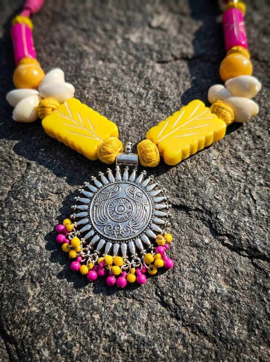 Sunshine & Bloom Handcrafted Necklace Set - Pink & Yellow