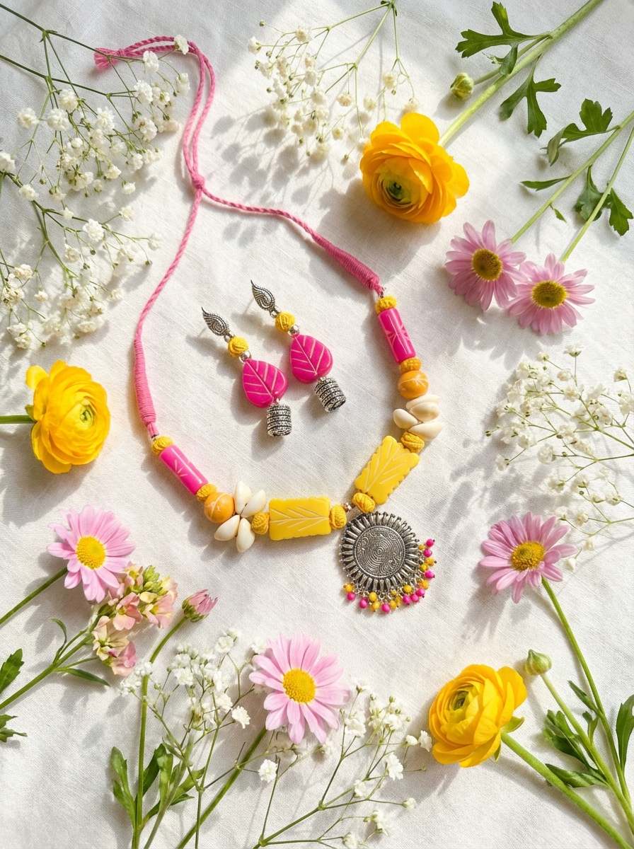 Sunshine & Bloom Handcrafted Necklace Set - Pink & Yellow