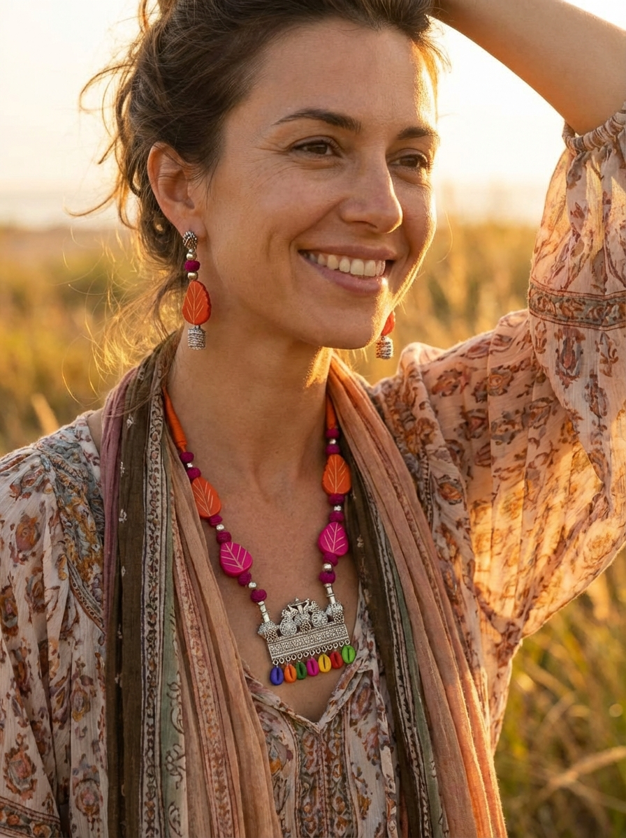 Model wearing Boho Tribal Necklace